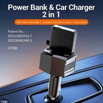2-i-1 65W hurtig biloplader og 2000mAh powerbank med lommelygte - sort