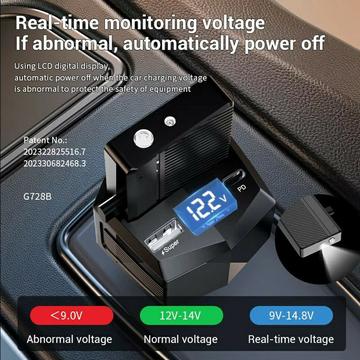 2-i-1 65W hurtig biloplader og 2000mAh powerbank med lommelygte - sort