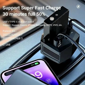 2-i-1 65W hurtig biloplader og 2000mAh powerbank med lommelygte - sort