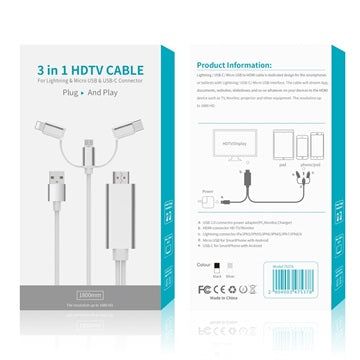 3-i-1 HDMI Kabel - Lightning, Type-C, MicroUSB