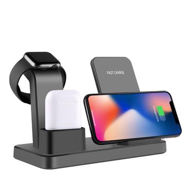 3 i 1 lodret trådløs oplader til skrivebordet Hurtigopladningsstativ til iPhone/Apple Watch/Airpods - Sort