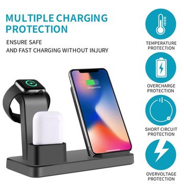 3 i 1 lodret trådløs oplader til skrivebordet Hurtigopladningsstativ til iPhone/Apple Watch/Airpods - Sort