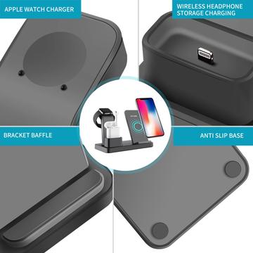 3 i 1 lodret trådløs oplader til skrivebordet Hurtigopladningsstativ til iPhone/Apple Watch/Airpods - Sort