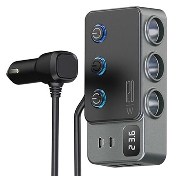 3-i-1 hurtigopladende biloplader PD 35W - cigarettænderadapter 120W og 5 USB-porte - sort