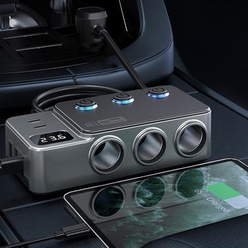 3-i-1 hurtigopladende biloplader PD 35W - cigarettænderadapter 120W og 5 USB-porte - sort
