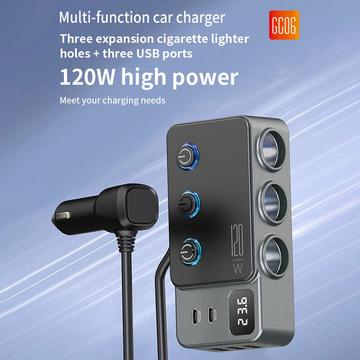 3-i-1 hurtigopladende biloplader PD 35W - cigarettænderadapter 120W og 5 USB-porte - sort