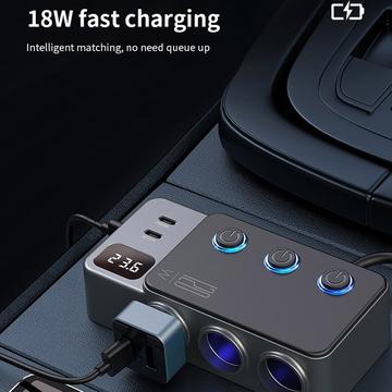 3-i-1 hurtigopladende biloplader PD 35W - cigarettænderadapter 120W og 5 USB-porte - sort
