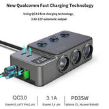 3-i-1 hurtigopladende biloplader PD 35W - cigarettænderadapter 120W og 5 USB-porte - sort