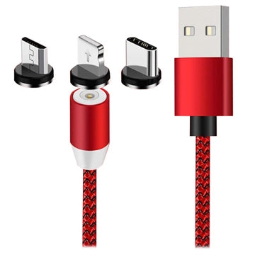 3-i-1 LED Magnetisk Kabel - Lightning, USB-C, MicroUSB - 1m - Rød