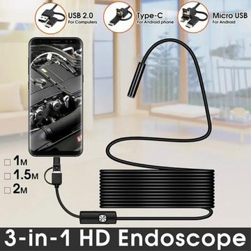 3-i-1 vandtæt 7mm endoskopkamera til mobil - USB, MicroUSB, Type-C - 1m