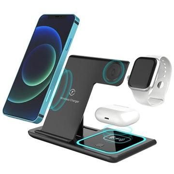 3-i-1 Bærbar Trådløs Ladestation - Apple Watch, iPhone, AirPods - Sort