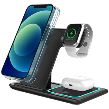 3-i-1 Bærbar Trådløs Ladestation - Apple Watch, iPhone, AirPods - Sort