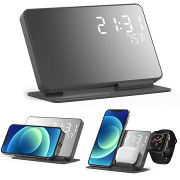 4-i-1 LED digital temperaturvisning Vækkeur 15W trådløs oplader Qi hurtigopladningsstativ til iPhone Android iWatch AirPods