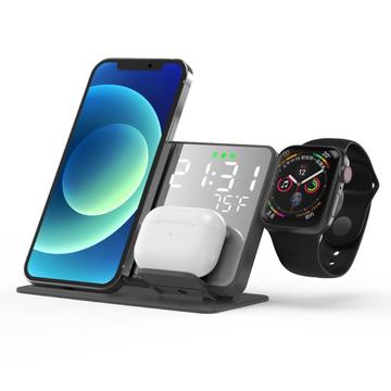 4-i-1 LED digital temperaturvisning Vækkeur 15W trådløs oplader Qi hurtigopladningsstativ til iPhone Android iWatch AirPods