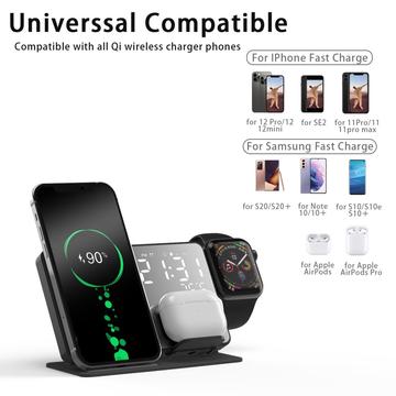 4-i-1 LED digital temperaturvisning Vækkeur 15W trådløs oplader Qi hurtigopladningsstativ til iPhone Android iWatch AirPods