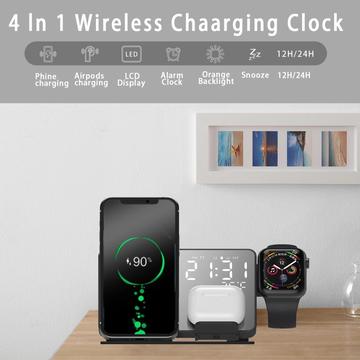 4-i-1 LED digital temperaturvisning Vækkeur 15W trådløs oplader Qi hurtigopladningsstativ til iPhone Android iWatch AirPods
