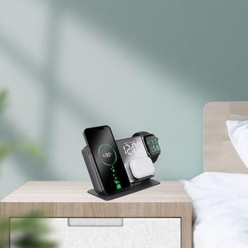 4-i-1 LED digital temperaturvisning Vækkeur 15W trådløs oplader Qi hurtigopladningsstativ til iPhone Android iWatch AirPods