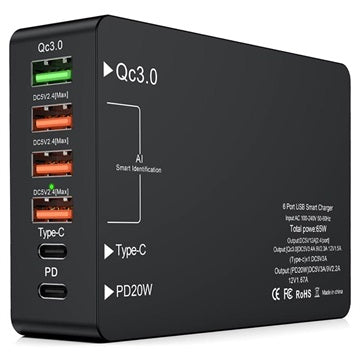 6-Port Hurtig Oplader med USB-C PD & QC3.0 - 65W - Sort