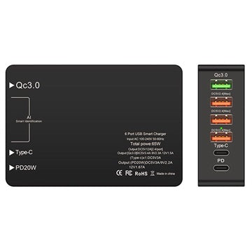6-Port Hurtig Oplader med USB-C PD & QC3.0 - 65W - Sort