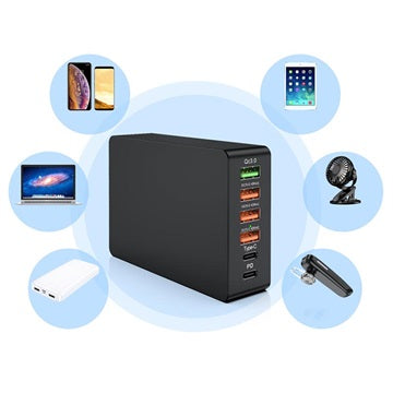 6-Port Hurtig Oplader med USB-C PD & QC3.0 - 65W - Sort