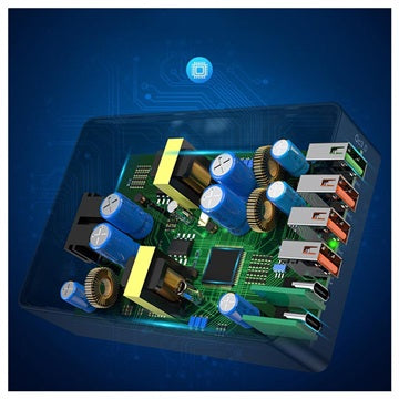 6-Port Hurtig Oplader med USB-C PD & QC3.0 - 65W - Sort