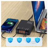 6-Port Hurtig Oplader med USB-C PD & QC3.0 - 65W - Sort