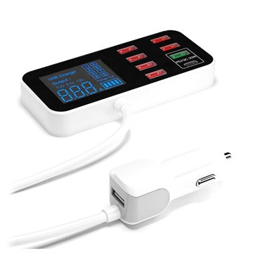 9-Port Billader med LCD Skærm WLX-A9S+ - 7xUSB, QC3.0 USB, PD USB-C - 40W