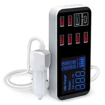 9-Port Billader med LCD Skærm WLX-A9S+ - 7xUSB, QC3.0 USB, PD USB-C - 40W