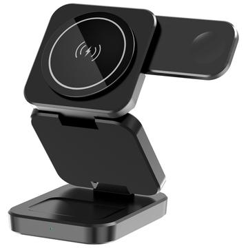 A390 3-i-1 foldbar magnetisk trådløs oplader - 15W - Sort