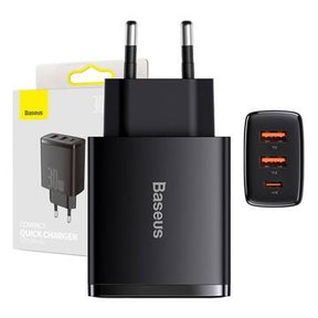 Baseus Compact Hurtig Oplader 30W - USB-C PD, 2xUSB - Sort
