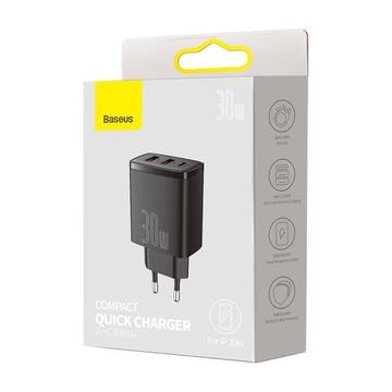 Baseus Compact Hurtig Oplader 30W - USB-C PD, 2xUSB - Sort