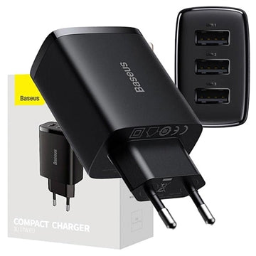 Baseus Compact Quick Charger CCXJ020101, 3x USB, 17W - Sort