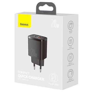 Baseus Compact Oplader 20W - USB-C PD3.0, USB QC3.0 - Sort