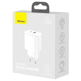 Baseus Compact Oplader 20W - USB-C PD3.0, USB QC3.0 - Hvid