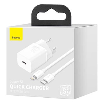 Baseus Super Si Hurtig Oplader med USB-C / Lightning Kabel - 20W - Hvid