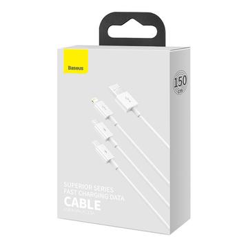 Baseus Superior Series 3-i-1 hurtigopladerkabel - 1m, 3.5A - Hvid