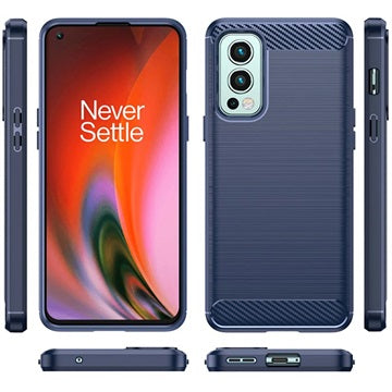OnePlus Nord 2 5G Børstet TPU Cover - Karbonfiber - Blå