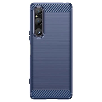 Sony Xperia 1 V Børstet TPU Cover - Karbonfiber - Blå