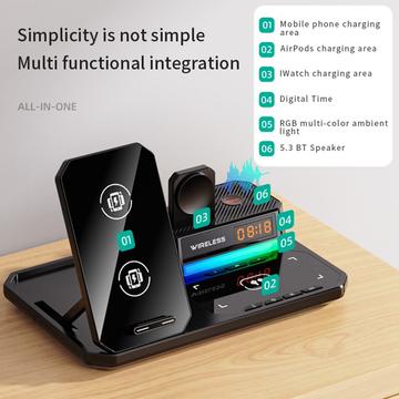 C18 6-i-1 trådløs opladningsstation med Bluetooth-højttaler og RGB-lys - sort