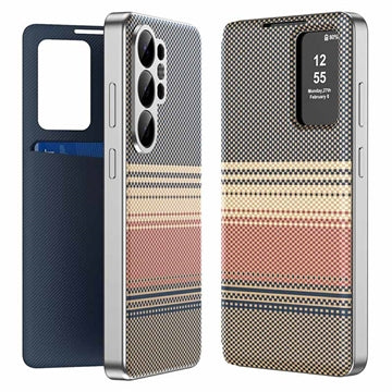 Samsung Galaxy S26 Ultra Smart View-klapetui med ternet mønster og kortholder - brun