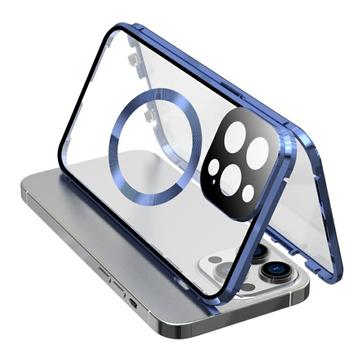 Kompatibel med MagSafe-etui til iPhone 15 Pro magnetisk metalramme + dobbeltsidet telefoncover i hærdet glas med spændelås - mørkeblå