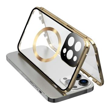 Kompatibel med MagSafe-etui til iPhone 15 Pro Magnetisk metalramme + dobbeltsidet telefoncover i hærdet glas med spændelås - Guld