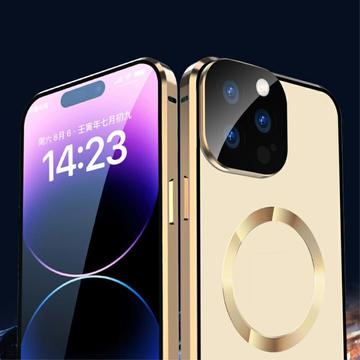 Kompatibel med MagSafe-etui til iPhone 15 Pro magnetisk metalramme + dobbeltsidet telefoncover i hærdet glas med spændelås - grøn