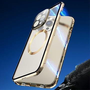 Kompatibel med MagSafe-etui til iPhone 15 Pro magnetisk metalramme + dobbeltsidet telefoncover i hærdet glas med spændelås - sølv