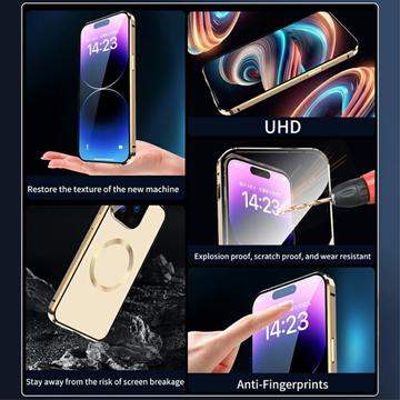Kompatibel med MagSafe-etui til iPhone 15 Pro magnetisk metalramme + dobbeltsidet telefoncover i hærdet glas med spændelås - sølv