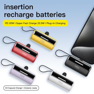 Cyke X3 Lightning Power Bank m. USB-C, USB-A kabler - 5000mAh - Lilla