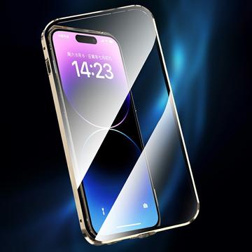 Dobbeltsidet hærdet glas + magnetisk metalramme Anti-Drop Case til iPhone 15 Kompatibel med MagSafe Phone Cover med spændelås - Guld