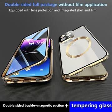 Dobbeltsidet hærdet glas + magnetisk metalramme Anti-Drop Case til iPhone 15 Kompatibel med MagSafe Phone Cover med spændelås - Guld