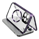 Dobbeltsidet hærdet glas + magnetisk metalramme Anti-Drop Case til iPhone 15 Kompatibel med MagSafe Phone Cover med spændelås - Lilla