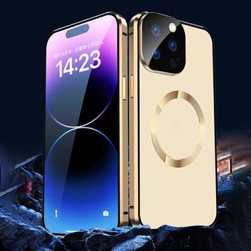 Dobbeltsidet hærdet glas + magnetisk metalramme Anti-Drop Case til iPhone 15 Kompatibel med MagSafe Phone Cover med spændelås - Rød
